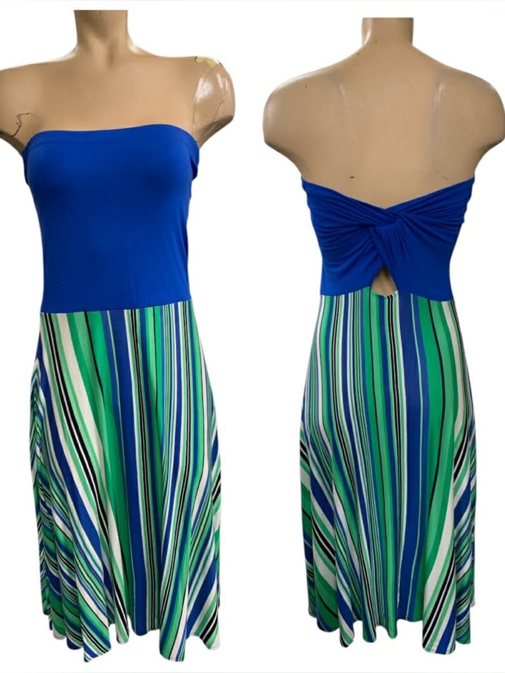 Felicity & Coco Royal Blue Strapless Dress with Green & White Striped Skirt S12